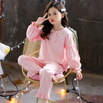 Childrens cotton pajamas set 2021 Spring and Autumn new girls foreign-style baby big children loose lace home clothes