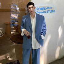 Advanced sense suit mens jacket niche design sense Korean loose smog blue casual suit spring and autumn ins trend
