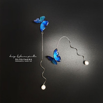 Blue Butterfly Ear Line S925 Pure Silver Long pearl Earrings Ear Nail Anti-Allergy Resort DREAM EAR CLIP