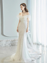 Fishtail light wedding dress 2021 new one-shoulder bridal drag silk sparkling French summer starry sky dress