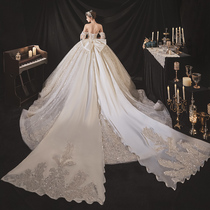 Word shoulder main wedding dress 2021 new bridal temperament big tail court style retro heavy industry luxury high-end summer