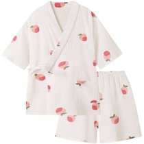 Human white peach Japanese kimono sweet cotton gauze pajamas womens summer shorts home clothes