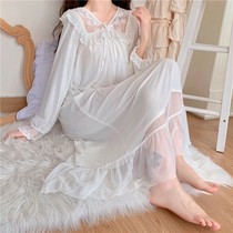 Princess style night dress womens knee-length spring and autumn white lace sweet long-sleeved 2021 new lace home clothes
