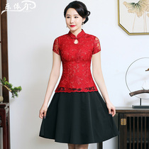 Improved short-sleeved lace cheongsam top Summer womens Tang suit set middle-aged and old-aged happy mother-in-law wedding dress