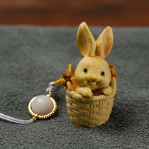 Small leaf boxwood carving rabbit pendant solid wood zodiac rabbit pendant natural wood mobile phone chain keychain handle