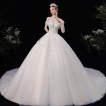 Wedding dress 2021 new bride one word shoulder temperament French Light senior tailed pregnant woman thick arm go out yarn