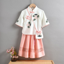  Childrens clothing summer clothes 2021 Girls two-piece suit dress sub-short-sleeved pure cotton Chinese style modified Hanfu skirt Tang suit