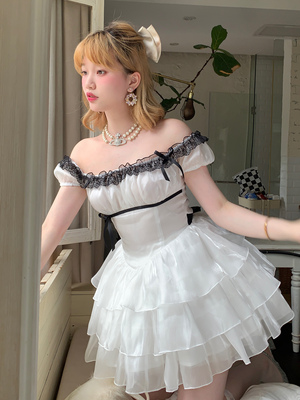 taobao agent Mori Women's original want to go to the beach, black and white princess sweet, fresh French fluffy fairy princess gauze skirt