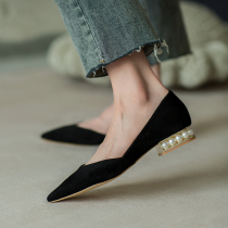 M L Monroe small fragrance thick heel shoes versatile shallow mouth low heel soft leather flat shoes pointed sweet womens shoes