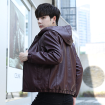 Small size hooded plus velvet leather jacket men winter little man Korean version S 155 locomotive windbreaker leather jacket les jacket