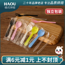 Birthday cake fork disposable commercial plastic transparent dessert spoon fork spoon individually packed set