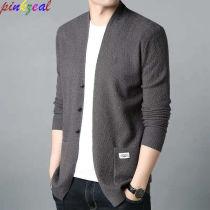 Early spring new Korean version of mens slim cardigan jacket wear knitted sweater young and middle-aged solid color thin sweater jacket