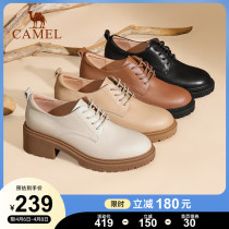 Camel womens shoes 2022 Spring new genuine leather lace Inn wind small leather shoes women coarse heels and thick bottom Leufoo single shoes