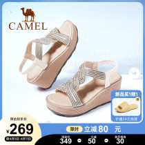 Camel Women Shoes 2022 Summer New Fashion Genuine Leather Thick Bottom High Heel Sandals Women Midyear Slopes With Roman Sandals Women