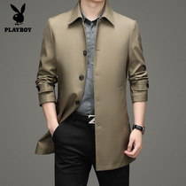 Playboy Mens Trench Coat Long 2021 Spring and Autumn New English Style Business Casual Dad Jacket