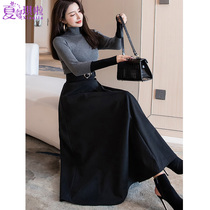 Skirt womens autumn and winter long high waist thickened with sweater winter dress two-piece set super long skirt a-shaped hairy skirt