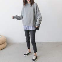 Pregnant womens autumn clothes New Korean version of loose coat long sleeve size medium length long style striped fake two tide mother clothes