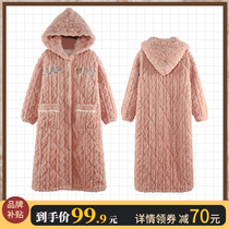 Dressing gown womens autumn and winter thickened plus plush three layers of warm cotton long pajamas coral fleece hooded casual loungewear