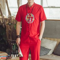 Chinese style suit men loose embroidery Hanfu short-sleeved t-shirt top trend Tang suit men summer nine-point pants men