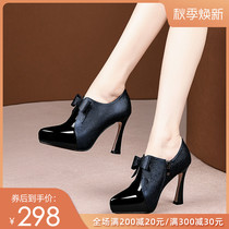 Bowknot pointed high heels womens autumn 2021 new dress patent leather workplace commuting fashion rough heel shoes
