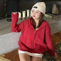 Large size 100 percent lazy 2021 Winter New thick womens fat mm slim vneck drawstring hooded sweater