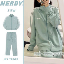 Korea nerdy sportswear new stripe suit autumn and winter loose casual macaron mint green coat