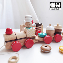 Drag toddler toy car Childrens house childrens toys Puzzle wooden multi-function set of columns pull rope baby