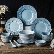 ijarl dish set vintage relief craft tableware household ceramic blue bowl Western steak plate