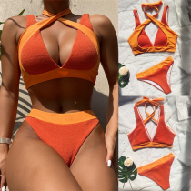 The new bikini hot spring small pit strip color block swimsuit European and American swimsuit womens beach cross stitching swimsuit hot sale