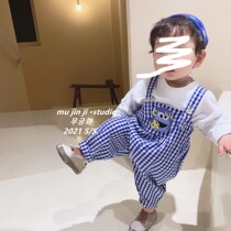 202I autumn new male and female children Foreign style cartoon plaid cotton pants baby fashionable versatile casual set