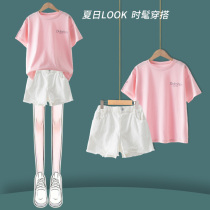 Girls Summer Suit 2022 New Ocean Gas Girl Short Sleeve Denim Shorts Two Sets Children Loose Summer Clothes