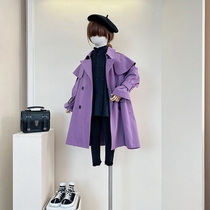 Korean childrens clothing girl trench coat autumn clothing 2021 foreign style girl fashionable double breasted long purple top