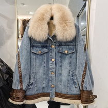Meili Yi denim coat women plus velvet thickened 2021 Winter new fashion PU stitching fox fur leader overcome