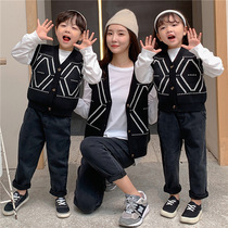  Korean fashion parent-child outfit 2021 spring and autumn fried street western mother and child style mother and daughter outfit Korean knitted vest sweater jacket