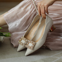 Leather French Satin High heels Korean tip thick heel single shoes bridesmaid shoes wedding shoes square buckle sheepskin two wear step heels