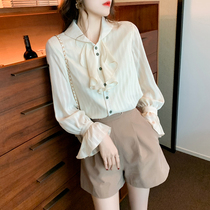  2021 autumn new fashion womens French shirt retro Hong Kong flavor flared sleeve shirt long-sleeved chiffon shirt top