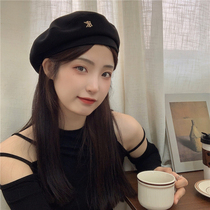 Sweet and cool not left behind ~ Korean metal black woolen beret female autumn and winter temperament Net red retro painter hat tide