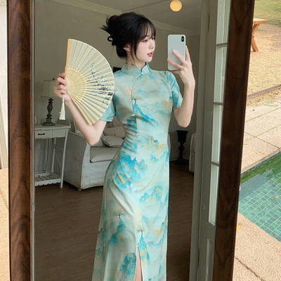 taobao agent Cheongsam, summer dress, long skirt, plus size, Chinese style, bright catchy style, fitted, maxi length