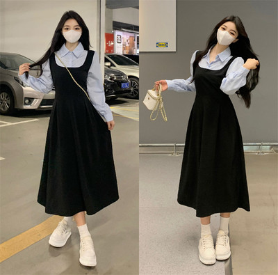 taobao agent Set, dress with sleeves, black long skirt, plus size, polo collar, long sleeve, fitted