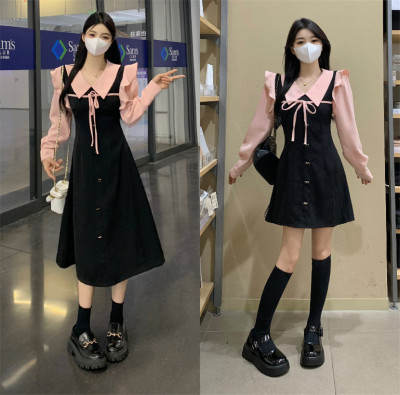 taobao agent Set, black dress with sleeves, plus size, french style, long sleeve, A-line