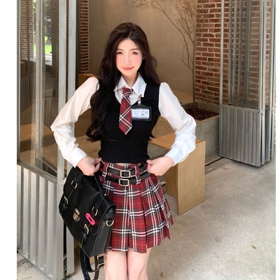 taobao agent Set, retro mini-skirt, student pleated skirt, plus size, autumn