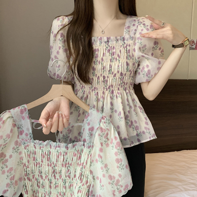 taobao agent Shiffon mini-skirt, top, plus size, french style, square neckline, with short sleeve, floral print, fitted
