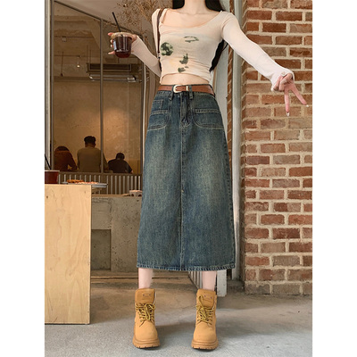taobao agent Retro autumn denim skirt, plus size, 2023 collection, city style, A-line