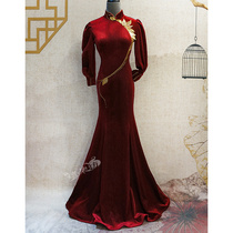 Xituo Square creative golden leaf design custom dress cheongsam body etiquette jumpsuit long dress drunk red makeup series