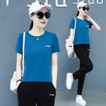 Li Ning sports suit T-shirt loose with two sets of womens summer pure cotton short sleeves 7-pants running suit long pants