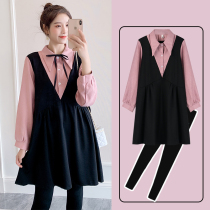 Angel mommy ~ autumn pregnant women 2021 fashion fake two-piece dress long sleeve size maternity dress coat spring and autumn