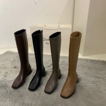 British thick-soled long boots women 2021 New Square head tall Knight boots Brown Spring and Autumn single boots