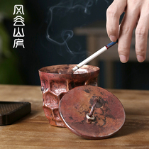 Wind Valley Mountain House Day Style Retro Pure Copper Ashtrays With Lid Home Living Room Multifunction Smoke Cylinder Tea Aisle Modern Tea Room