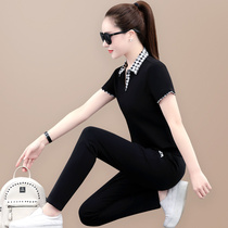 Short Sleeve Sports Suit Women Summer 2022 New Pure Cotton Slim GRID TURNED POLO SHIRT CASUAL TWO-PIECE SET