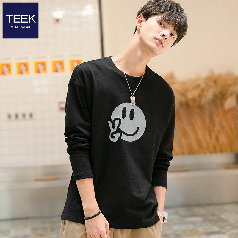 TEEK mens cotton long-sleeved T-shirt spring tide brand fun smiley face print undershirt youth new autumn clothes